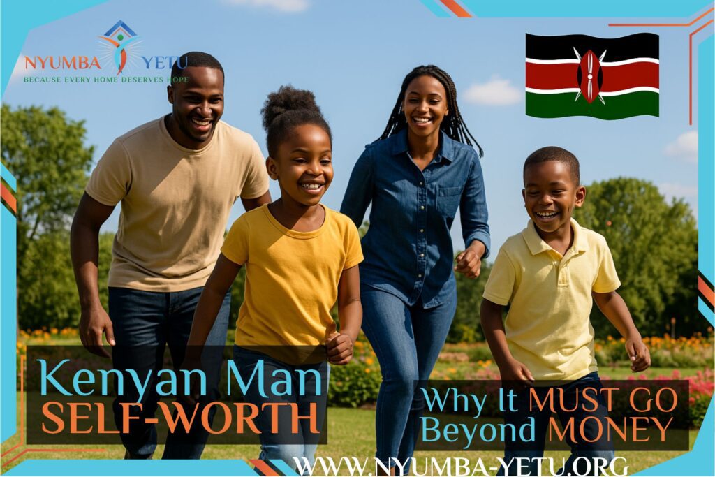 A joyful Kenyan family—father, mother, son, and daughter—play together in a vibrant park filled with flowers under a clear, sunny sky, with the Kenyan flag visible in the background.
