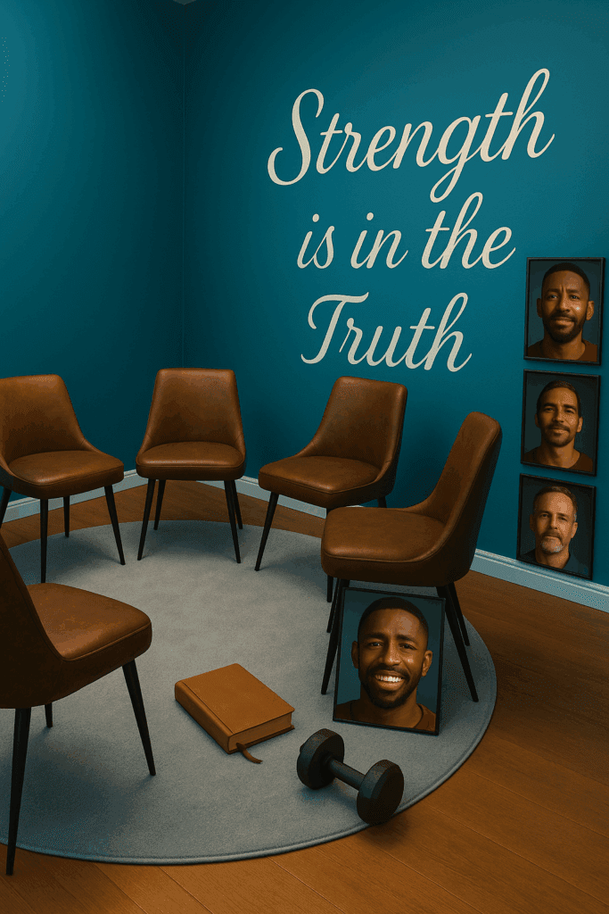 A circle of leather chairs in a warmly lit room with a sea-blue wall and the quote “Strength is in the Truth,” symbolizing emotional strength and support, healing and vulnerability.