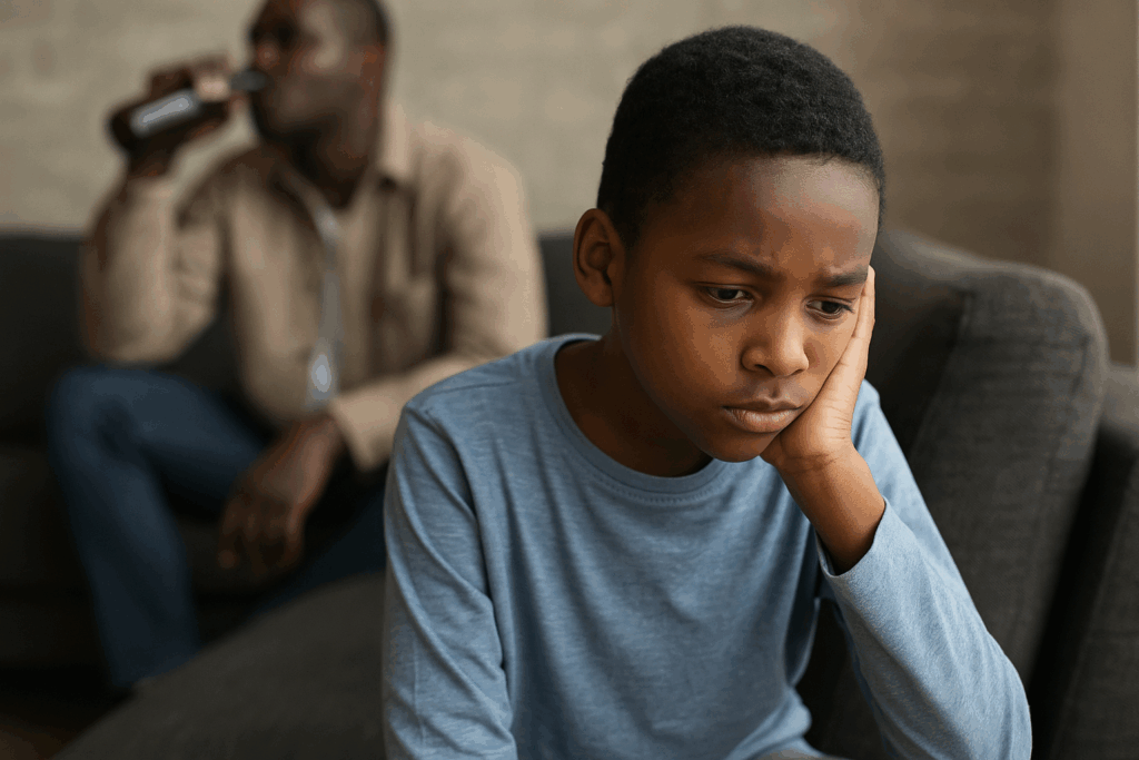 A young African boy looks sad and withdrawn while sitting on a sofa, with an adult drinking in the background, symbolizing the impact of parental addiction.