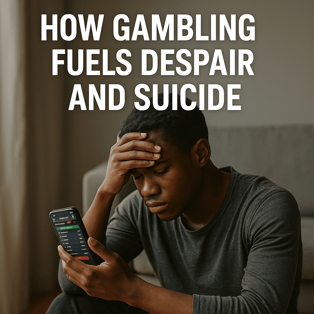 <a href="https://youtu.be/GHbpvHkCkmQ?si=ycg4dw-UVsE_CMKl" class="video-link" target="_blank" rel="noopener noreferrer"> <img fetchpriority= Young African man sitting in distress, holding a smartphone displaying a gambling app, with bold text reading 'How Gambling Fuels Despair and Suicide' above him