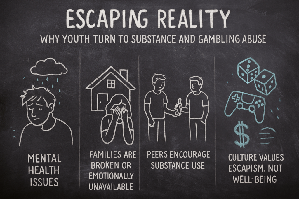 Chalkboard-style illustration showing reasons why youth turn to substance and gambling abuse. Features hand-drawn visuals representing mental health issues, broken or emotionally unavailable families, peer pressure, and a culture that values escapism over well-being.
