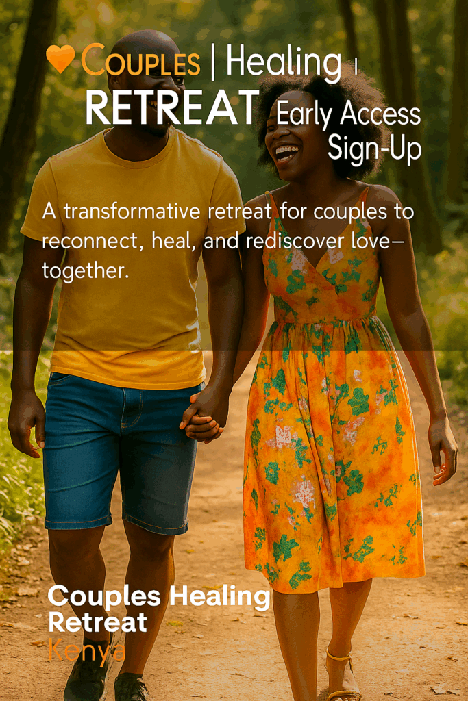 Joyful African couple smiling and holding hands outdoors, promoting Nyumba Yetu's Couples Healing Retreat Kenya.