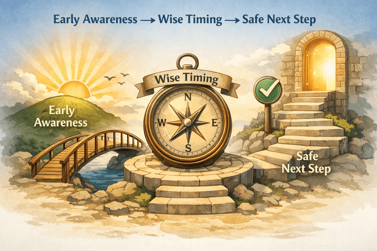 Illustration showing a bridge, a compass, and steps representing the journey: Early Awareness → Wise Timing → Safe Next Step.