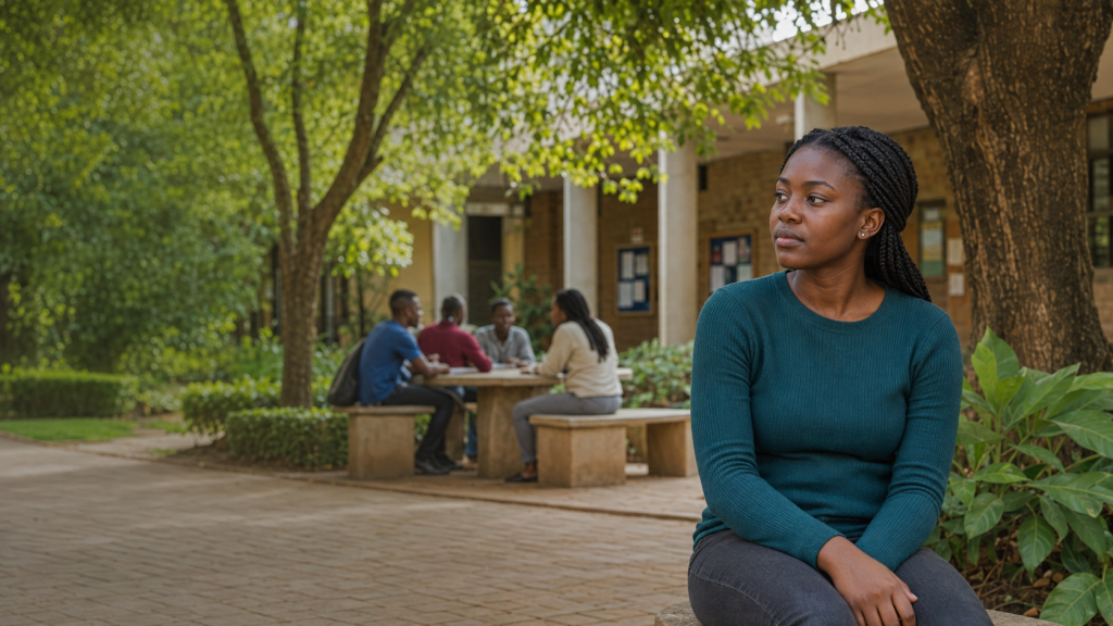 Reflective Kenyan university student with peers connecting in the background on a green campus.